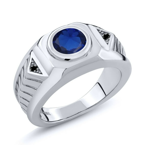 Gem Stone King Men's 925 Sterling Silver Round Blue Created Sapphire and Black Diamond Ring (2.53 Cttw, Available in Size 7, 8, 9, 10, 11, 12, 13)