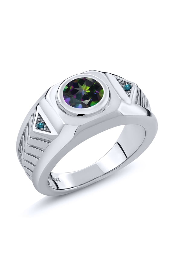 Men's 925 Sterling Silver Round Green Mystic Topaz and Blue Diamond Ring (2.03 Cttw, Gemstone Birthstone, Available in Size 7, 8, 9, 10, 11, 12, 13)