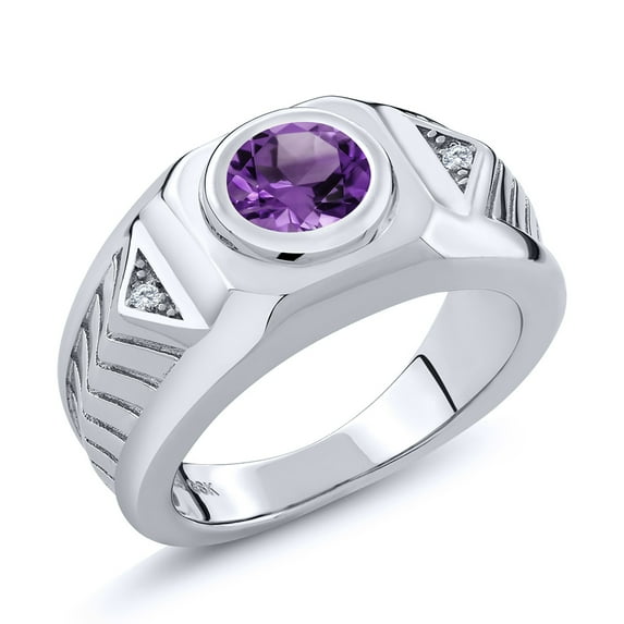 Gem Stone King Men's 925 Sterling Silver Round Purple Amethyst and White Moissanite Ring (1.73 Cttw, Gemstone Birthstone, Available in Size 7, 8, 9, 10, 11, 12, 13)