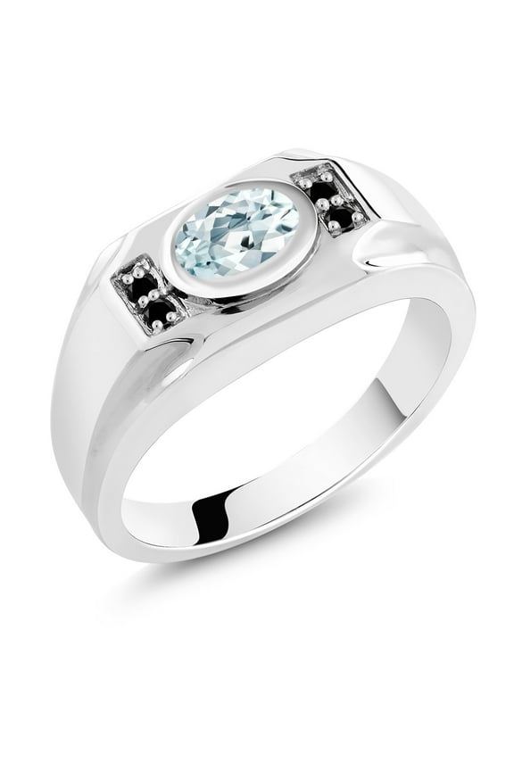 Men's 925 Sterling Silver Sky Blue Aquamarine and Black Diamond Ring (1.33 Cttw, Gemstone March Birthstone, Oval 8X6MM,, Size 10)