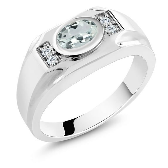 Gem Stone King Men's 925 Sterling Silver Sky Blue Aquamarine and White Moissanite Ring (1.35 Cttw, Gemstone March Birthstone, Oval 8X6MM,, Size 8)