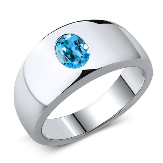 Gem Stone King Swiss Blue Topaz Ring for Men | 925 Sterling Silver | 1.50 Cttw | Oval 8X6MM | Gemstone November Birthstone (Size 10)