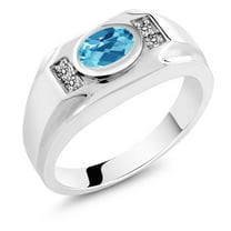 Gem Stone King Men's 925 Sterling Silver Swiss Blue Topaz and White Diamond Ring for Men | 1.73 Cttw | Gemstone Birthstone | Oval Checkerboard 8X6MM | (Size 9)