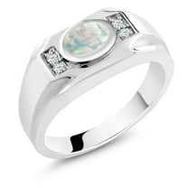 Gem Stone King Men's 925 Sterling Silver White Opal and White Created Sapphire Ring (1.21 Cttw, Gemstone October Birthstone, Oval Cabochon 8X6MM,, Size 8)