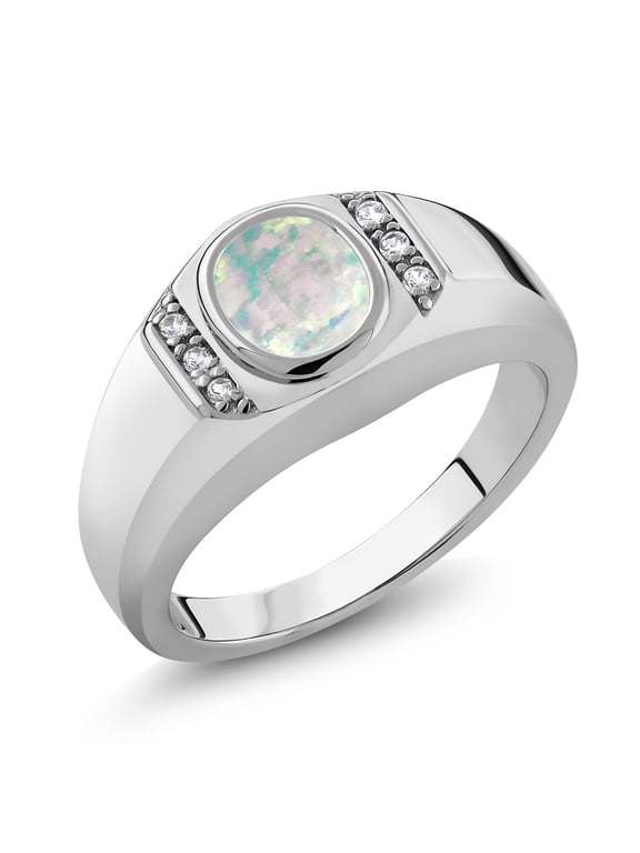 Men's 925 Sterling Silver White Simulated Opal and White Created Sapphire Ring for Men | 1.11 Cttw | 8X6MM Oval Cabochon Cut | Available in Size 7, 8, 9, 10, 11, 12, 13