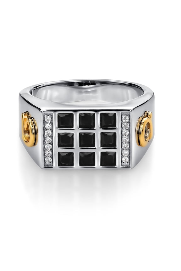 Men's 925 Sterling Silver and 10K Yellow Gold Black Onyx and White Lab Grown Diamond Ring with Alpha Symbol (1.27 Ct, Size 8)