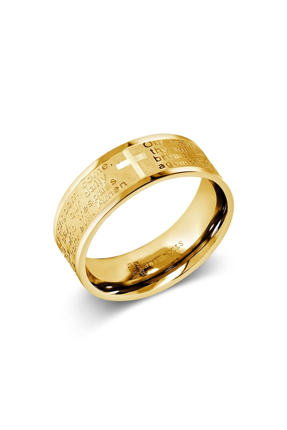 Men's Gold Plated Stainless Steel Bible Christian Lord's Prayer Engraved Cross Wedding Band (Size 6)