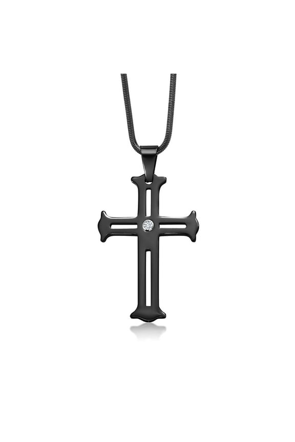 Men's Scratch-Proof Tungsten Carbide Religious Cross Pendant Necklace with Lab Grown Diamonds and Black IP Plating on Stainless Steel Chain | G-H Color | VS2-SI1 Clarity