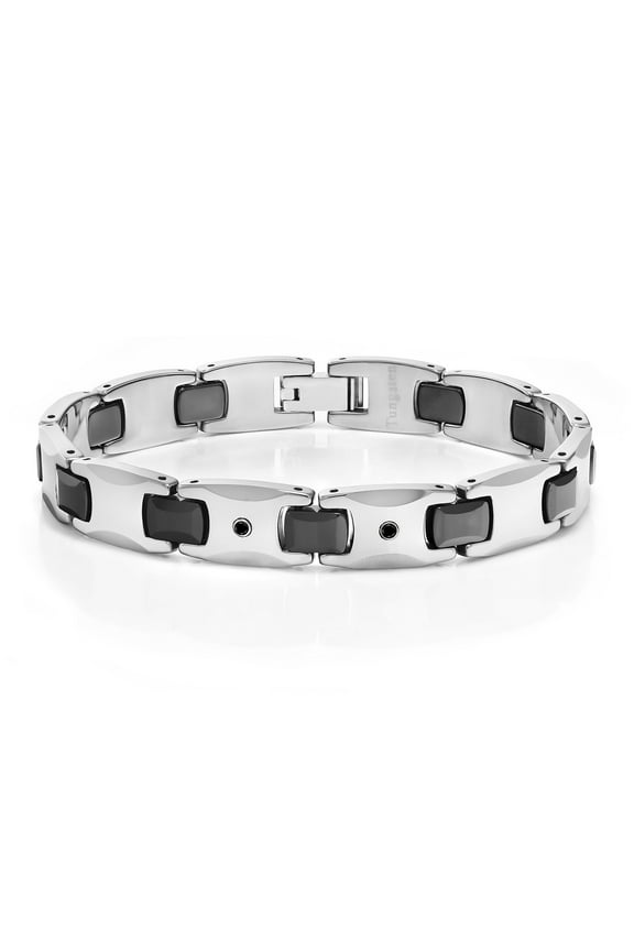 Men’s Shiny Polished Tungsten Carbide Bracelet set with 2 Black Diamonds | 8.25 inches in Length with Safety Clasp