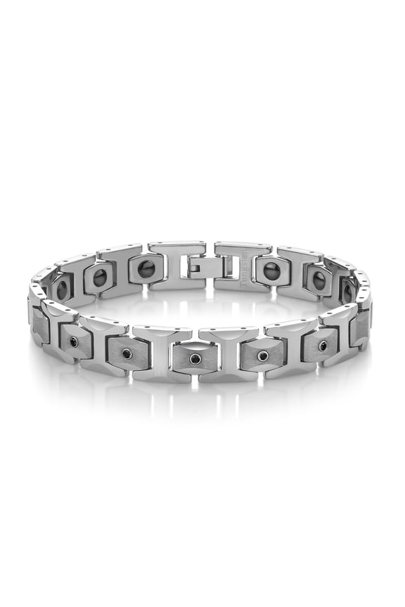 Men’s Shiny Polished Tungsten Carbide Black Diamond Bracelet with Inlaid Magnets and Matte Finished Inner Links