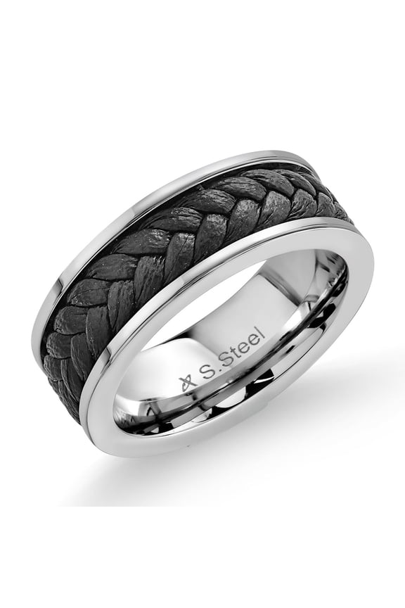 Men's Shiny Solid Stainless Steel Braided Black Leather Classic Wedding Band Ring (8MM Width, Size 10)