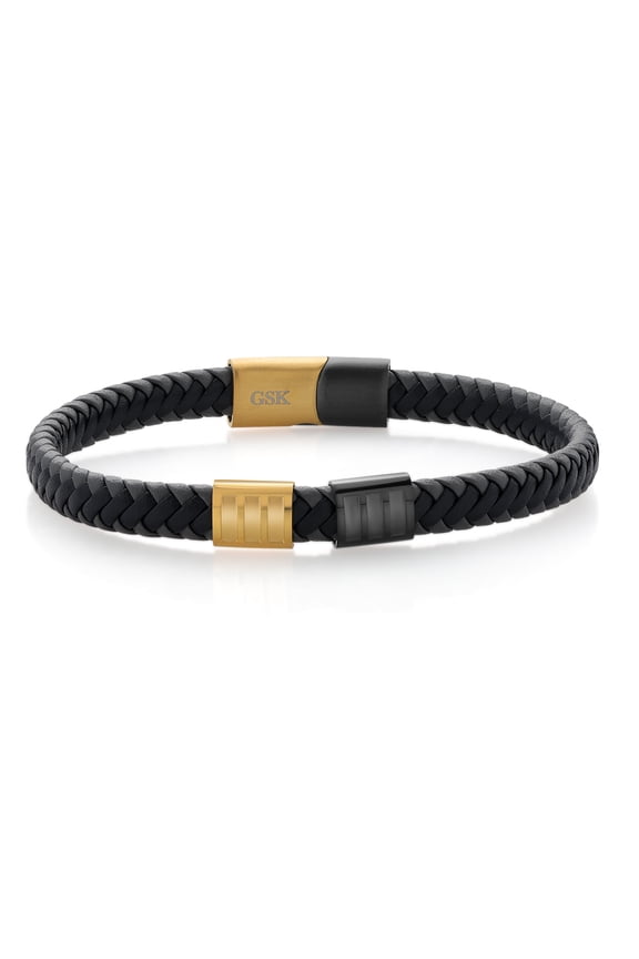 Men's Stainless Steel Gold Black Premium Genuine Leather Bracelet (8.25 inch, 7.7MM Width)