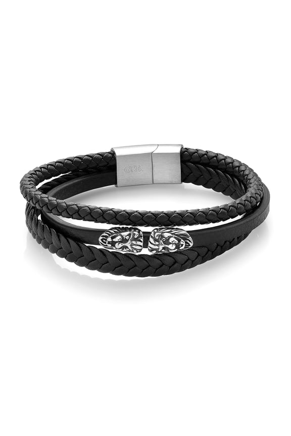 Men's Stainless Steel Lion's Head Leather Bracelet (8.25 inch, 13.5MM Width)