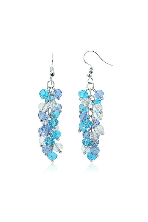 Ocean Blue Cluster Faceted Crystal Dangle Hook Earrings for Women 2 inches