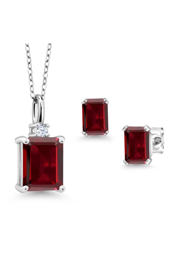 Octagon Red Garnet (4.24 Ct) 925 Sterling Silver Pendant and Earrings Jewelry Set