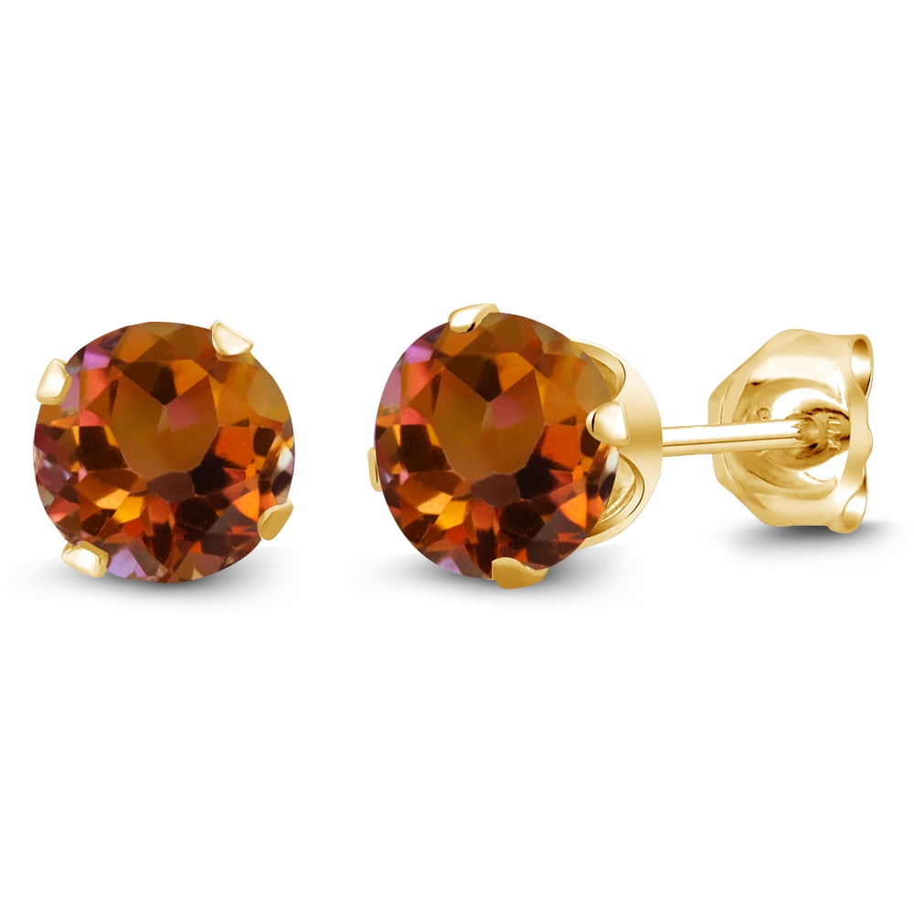 Gem Stone King 1.20 Ct Round Shape Orange Mystic Topaz Yellow Gold Plated Silver Stud Earrings for Women Men
