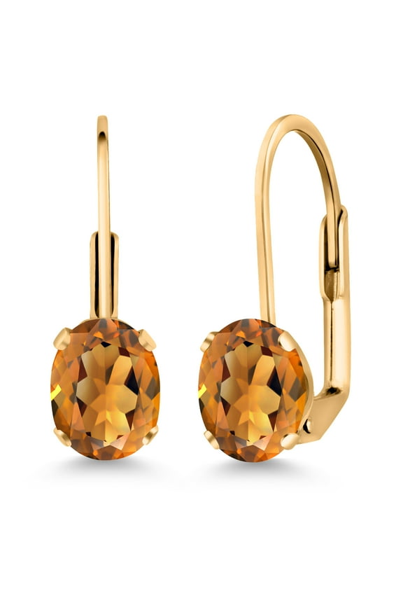 Orange Red Madeira Citrine Yellow Gold Plated Leverback Earrings for Women (1.40 Cttw, Gemstone Birthstone, Oval 7X5MM)