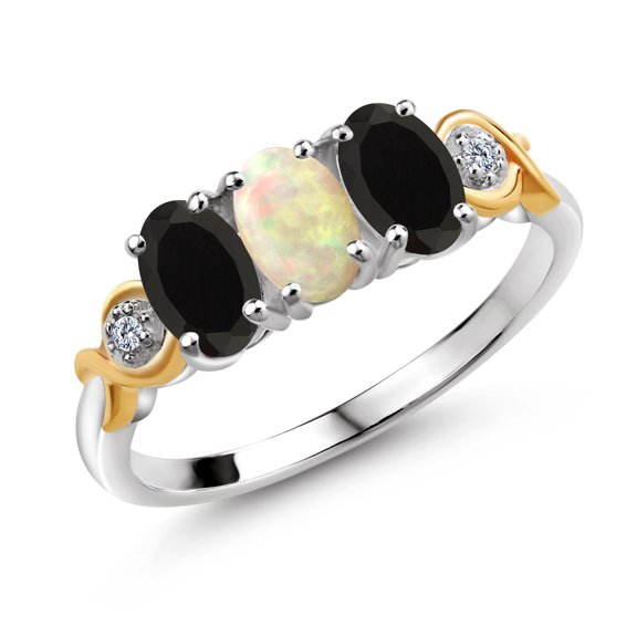 Gem Stone King Oval Cabochon White Ethiopian Opal Black Onyx 1.14 Ct 925 Silver and 10K Yellow Gold Ring (Size 6)