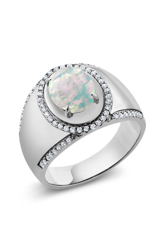 Oval Cabochon White Simulated Opal 2.29 Ct 925 Sterling Silver Men's Ring (Size 10)