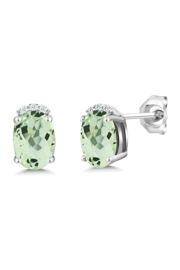 Oval Green Prasiolite E-F Lab Grown Diamond 1.56 Ct 925 Sterling Silver Earrings