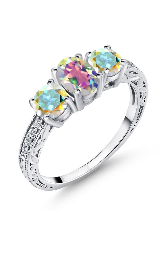 2.22 Cttw Oval Mercury and Mist Mystic Topaz Ring for Women | 925 Sterling Silver | Gemstone Birthstone | Three Stone Wedding Engagement Anniversary Promise Ring for Women | Size 6