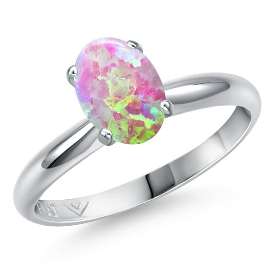 Gem Stone King PLAT-900 Platinum Simulated Pink Opal Engagement Ring for Women | 1.05 Cttw | Oval Cabochon 8X6MM | Gemstone October Birthstone | Size 6