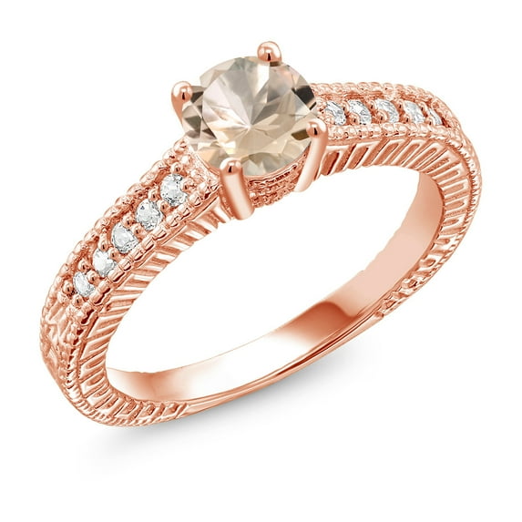 Gem Stone King Peach Morganite (0.75 Ct, Size 5) White Created Sapphire 18K Rose Gold Plated Silver Engagement Ring