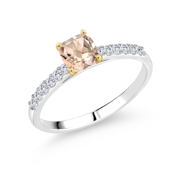 Gem Stone King Peach Morganite and White Lab Grown Diamond 925 Silver and 10K Yellow Gold Engagement Ring for Women (0.70 Cttw, Size 8)