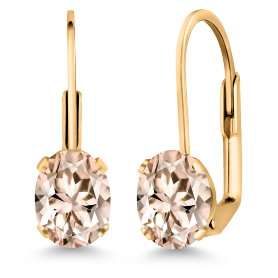 Gem Stone King Peach Morganite Yellow Gold Plated Leverback Earrings for Women (1.30 Cttw, Gemstone Birthstone, Oval 7X5MM)