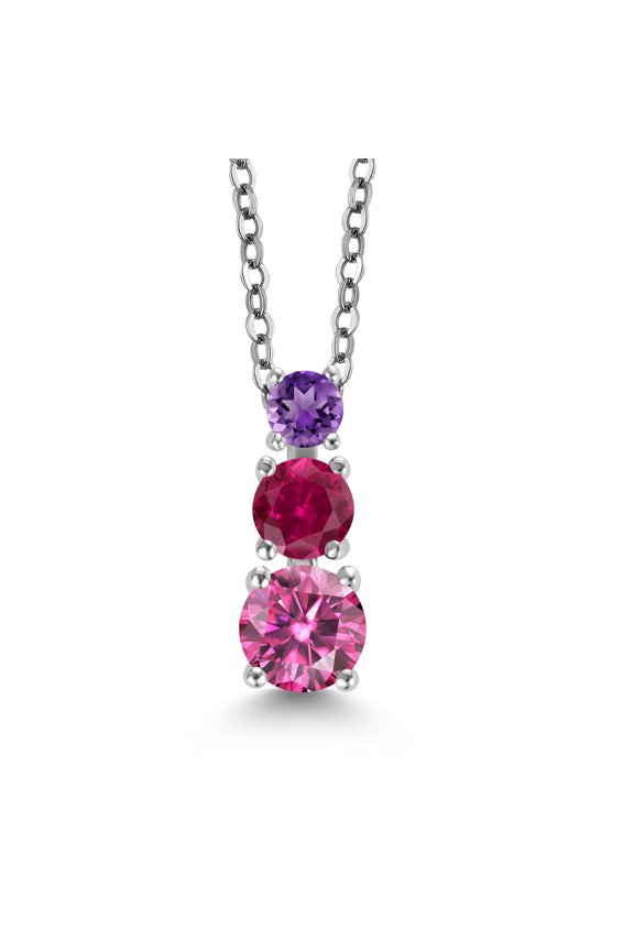 Pink Moissanite Red Created Ruby Purple Amethyst 3 Stone Pendant Necklace for Women (0.85 cttw, Gemstone Birthstone, Round 5MM, 4MM and 3MM, with 18 inch Chain)