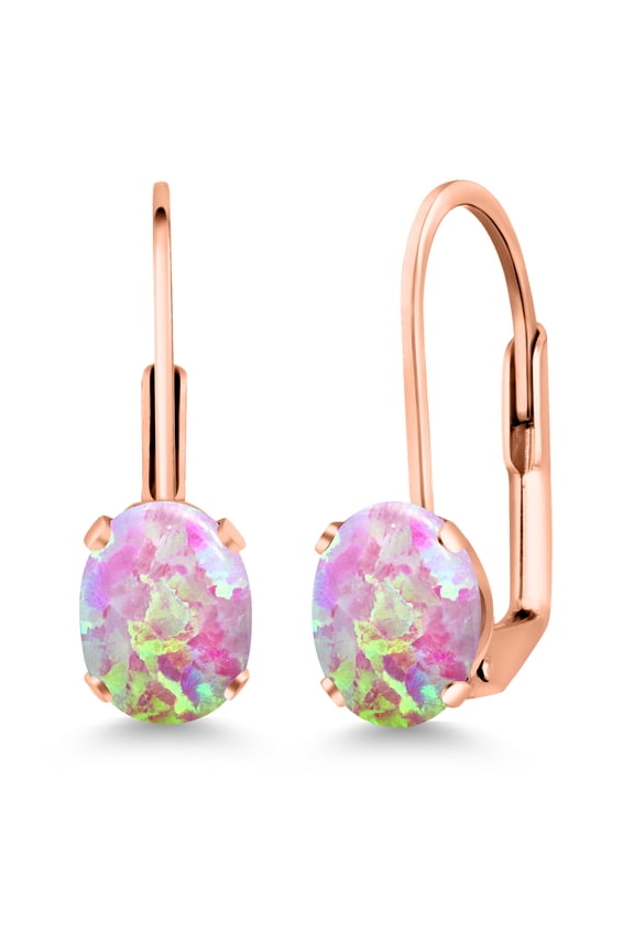 Pink Opal Rose Gold Plated Leverback Earrings for Women (1.26 Cttw, Gemstone October Birthstone, Oval Cabochon 7X5MM)