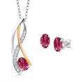 thumbnail image 1 of Gem Stone King Pink Tourmaline E-F Lab Grown Diamond 1.51 Ct 925 Silver and 10K Yellow Gold Pendant and Earrings Jewelry Set, 1 of 3