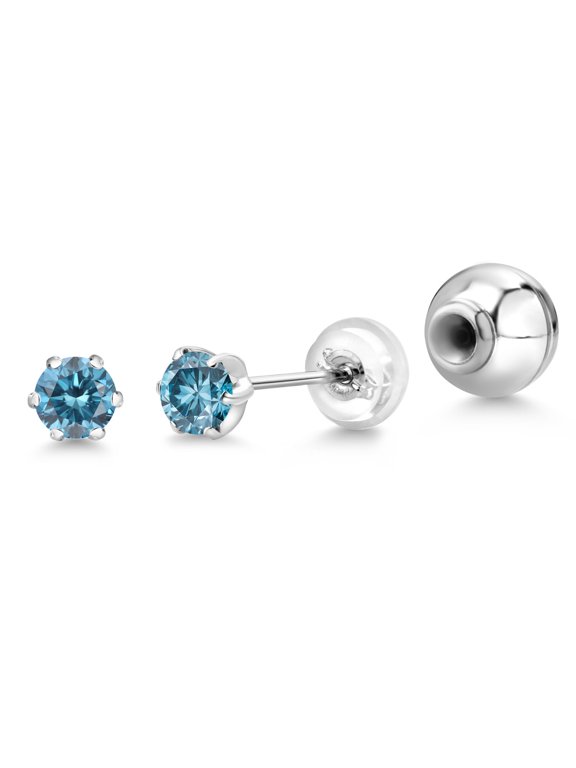 Platinum Blue Lab Grown Diamond Stud Earrings for Women | 0.22 Cttw | Gemstone April Birthstone | Round 3MM