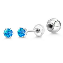Gem Stone King Platinum Blue Opal Stud Earrings for Women Men (0.50 Cttw, Gemstone October Birthstone, Round Cabochon 4MM)