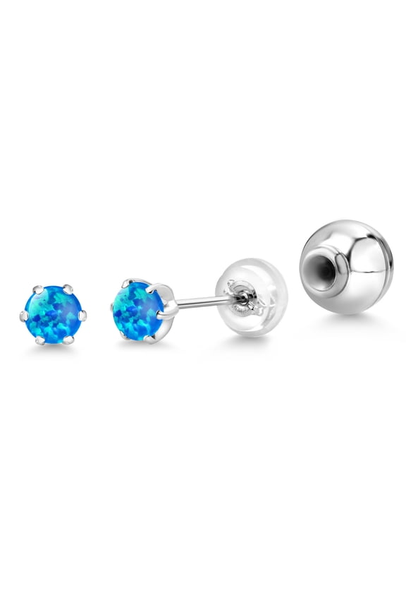 Platinum Blue Opal Stud Earrings for Women Men (0.50 Cttw, Gemstone October Birthstone, Round Cabochon 4MM)