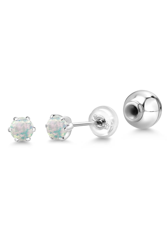 Platinum White Opal Stud Earrings for Women Men (0.50 Cttw, Gemstone October Birthstone, Round Cabochon 4MM)