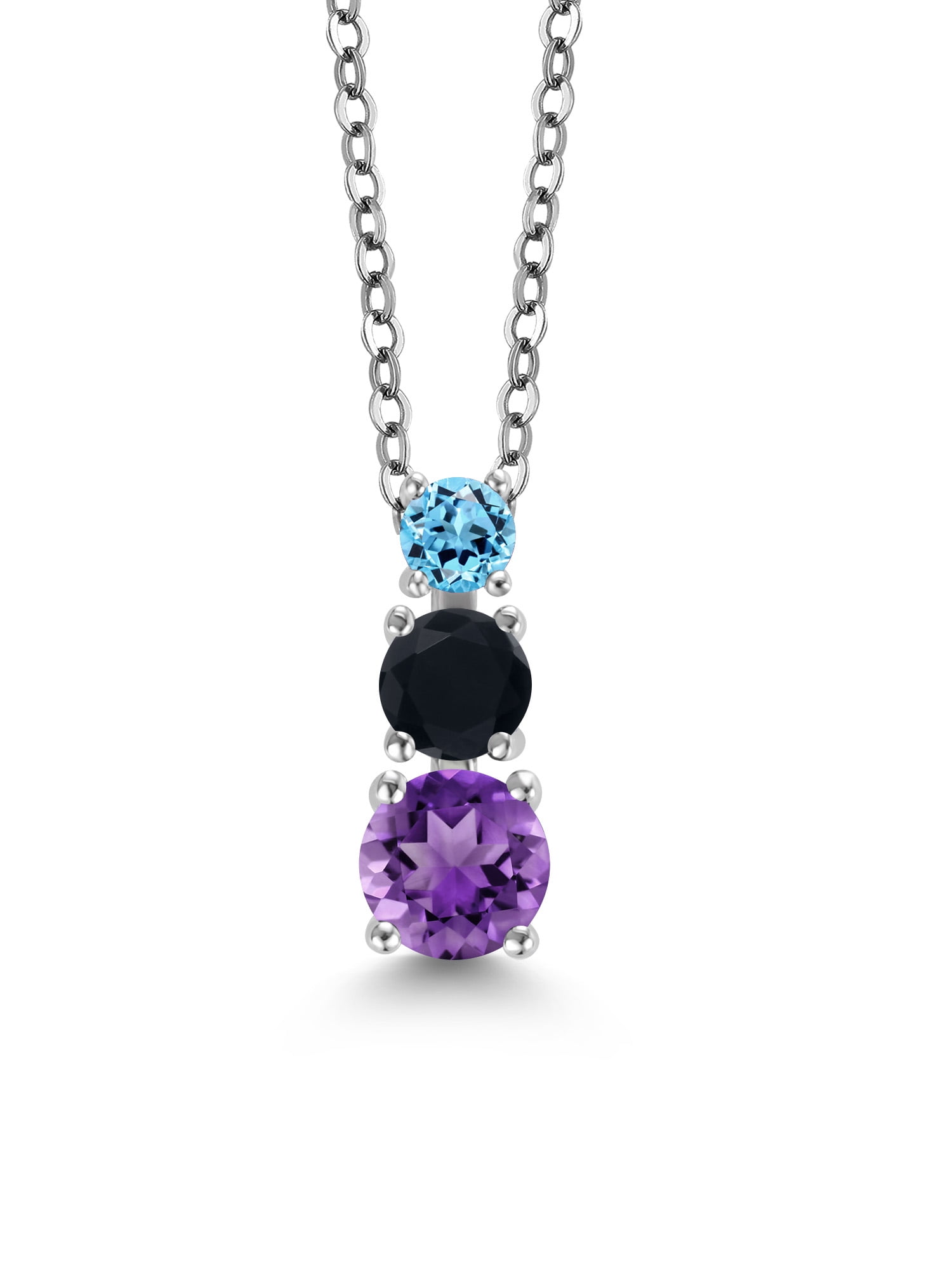 Gem Stone King Purple Amethyst Black Onyx Swiss Blue Topaz 3 Stone Pendant  Necklace For Women (0.85 cttw, Gemstone Birthstone, Round 5MM, 4MM and 3MM, 