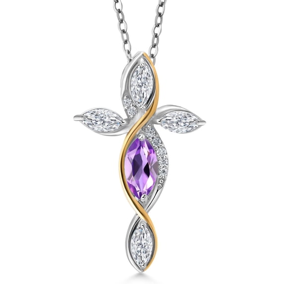 Gem Stone King Purple Amethyst and Lab Grown Diamond Cross Necklace for Women in 925 Silver and 10K Yellow Gold | 1.13 Cttw | Jesus Christian Religious Crucifix | Marquise 8X4MM