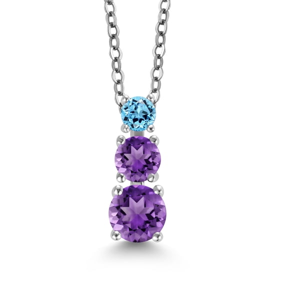 Gem Stone King Purple Amethyst and Swiss Blue Topaz 3 Stone Pendant Necklace for Women (0.88 Cttw, Gemstone Birthstone, Round 5Mm, 4Mm and 3Mm, With 18 inch Chain)