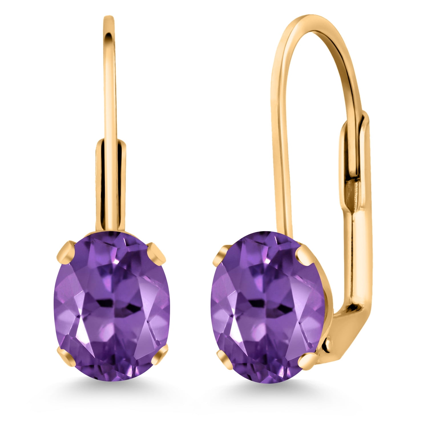 Gem Stone King Purple Amethyst Yellow Gold Plated Leverback Earrings for Women (1.50 Cttw, Gemstone February Birthstone, Oval 7X5MM)