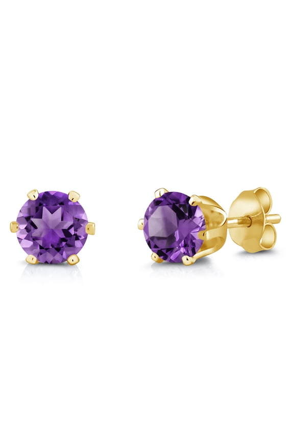 Purple Amethyst Yellow Gold Plated Stud Earrings for Women Men | 1.50 Cttw | Gemstone February Birthstone | Round 6MM