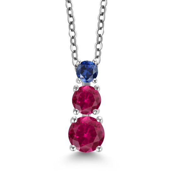 Gem Stone King Red Created Ruby and Blue Created Sapphire 3 Stone Pendant Necklace for Women (0.99 Cttw, Gemstone Birthstone, Round 5Mm, 4Mm and 3Mm, With 18 inch Chain)