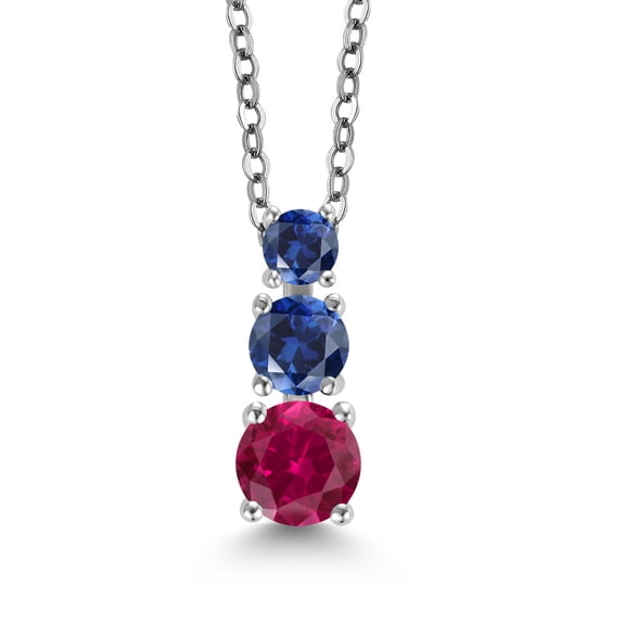 Gem Stone King Red Created Ruby and Blue Created Sapphire 3 Stone Pendant Necklace for Women (0.99 cttw, Gemstone Birthstone, Round 5MM, 4MM and 3MM, with 18 inch Chain)
