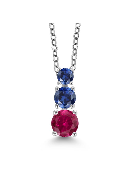 Red Created Ruby and Blue Created Sapphire 3 Stone Pendant Necklace for Women (0.99 cttw, Gemstone Birthstone, Round 5MM, 4MM and 3MM, with 18 inch Chain)