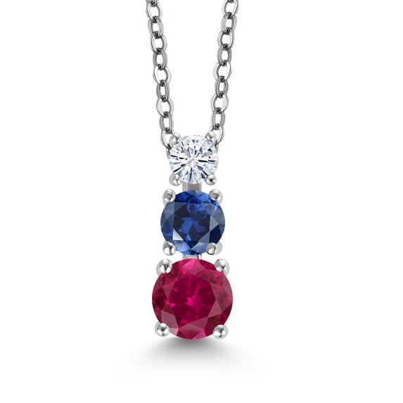 Gem Stone King Red Created Ruby Blue Created Sapphire White Moissanite 3 Stone Pendant Necklace for Women (0.95 cttw, Gemstone Birthstone, Round 5MM, 4MM and 3MM, with 18 inch Chain)