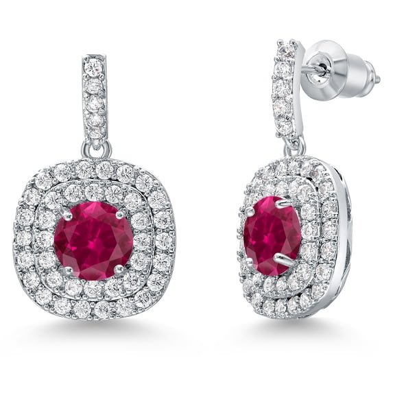 Gem Stone King Red Created Ruby Dangle Earrings for Women (3.12 Ct Round 6MM)