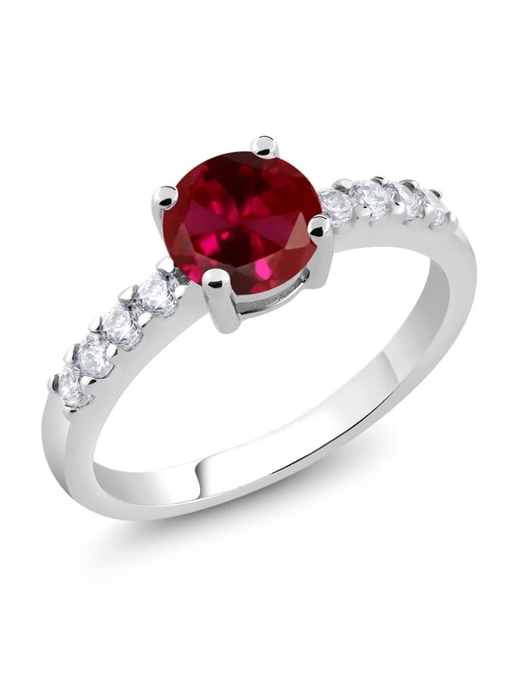 Red Created Ruby Engagement Anniversary Promise Ring for Women (1.24 Cttw, Gemstone July Birthstone, Round 7MM, Size 7)