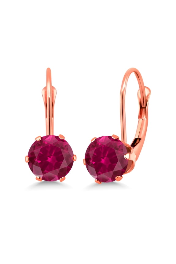 Red Created Ruby Leverback Earrings for Women (2.00 Cttw, Gemstone July Birthstone, Round 6MM)