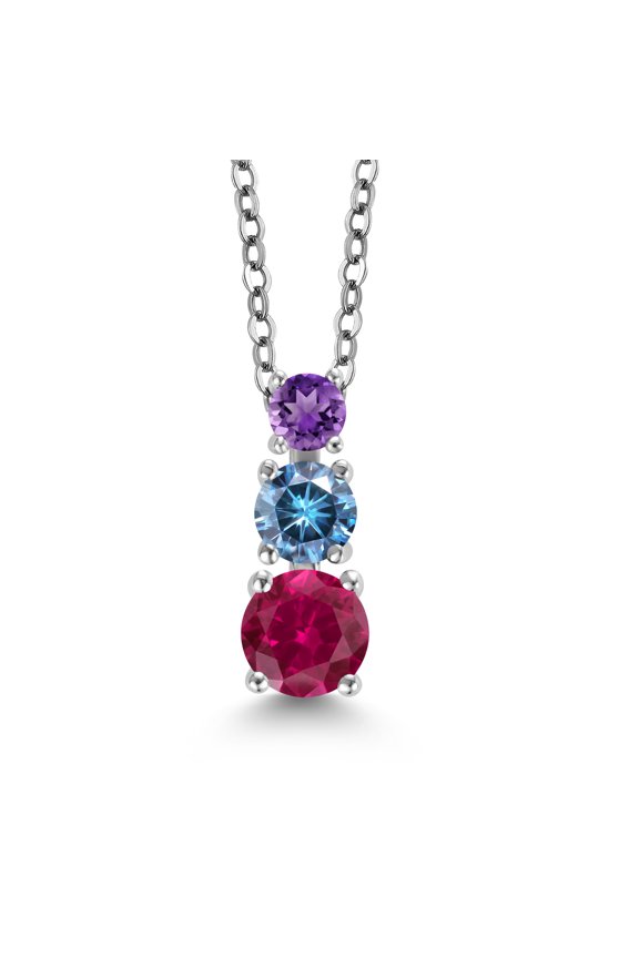Red Created Ruby Persian Blue Moissanite Purple Amethyst 3 Stone Pendant Necklace for Women (0.93 cttw, Gemstone Birthstone, Round 5MM, 4MM and 3MM, with 18 inch Chain)