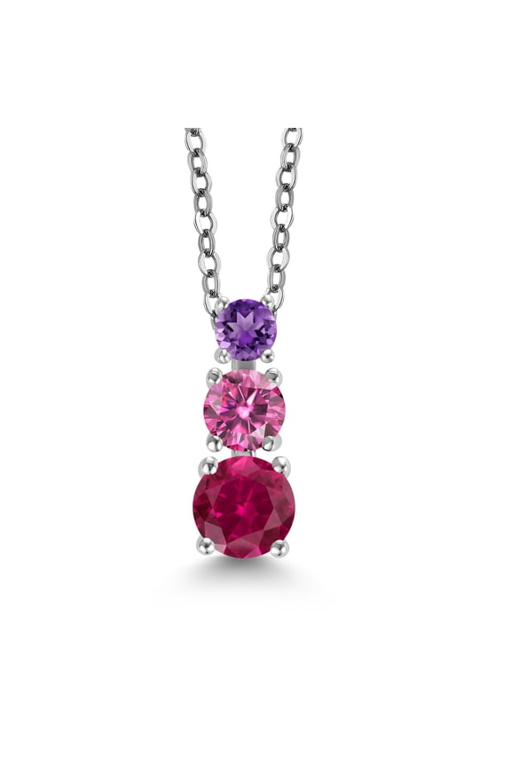 Red Created Ruby Pink Moissanite Purple Amethyst 3 Stone Pendant Necklace for Women (0.93 cttw, Gemstone Birthstone, Round 5MM, 4MM and 3MM, with 18 inch Chain)